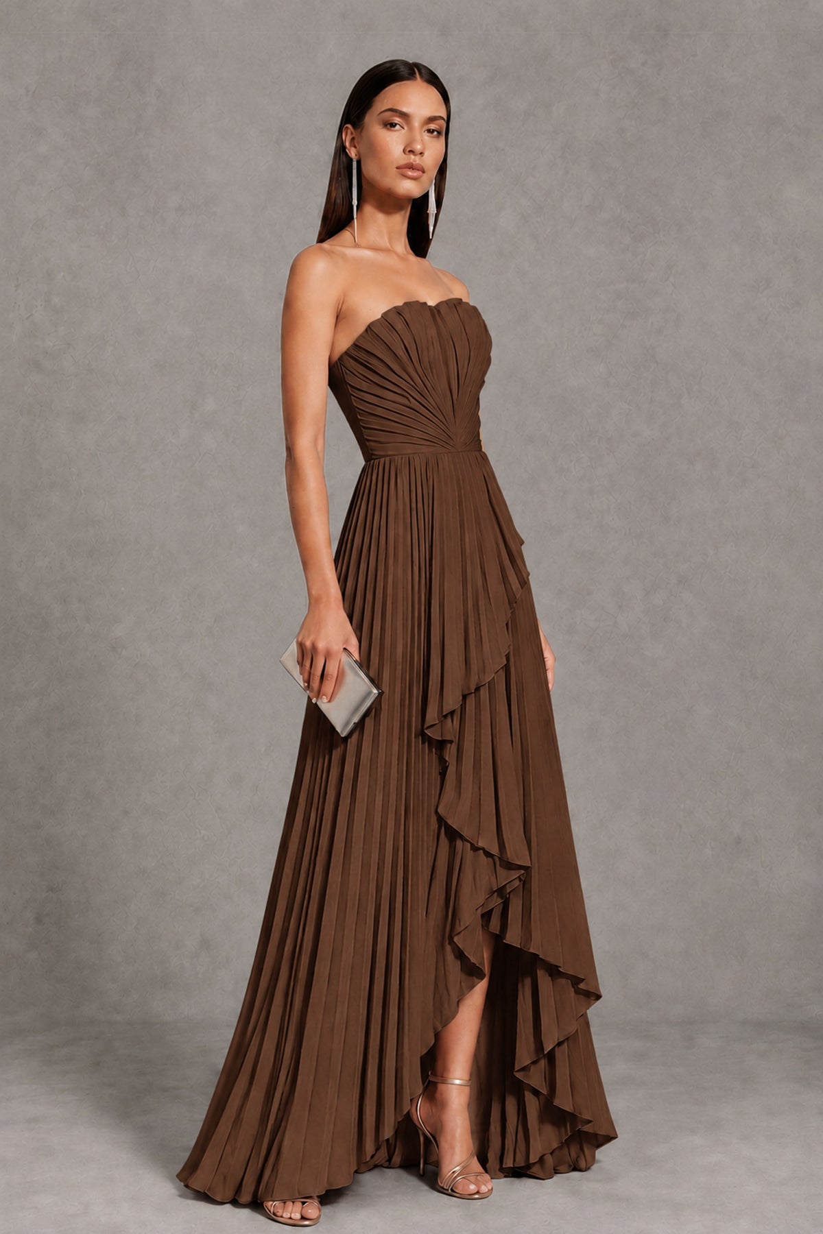 Brown Strapless Pleated High-Low Evening Gown with Ruffle Hem - Brown - Brown_4