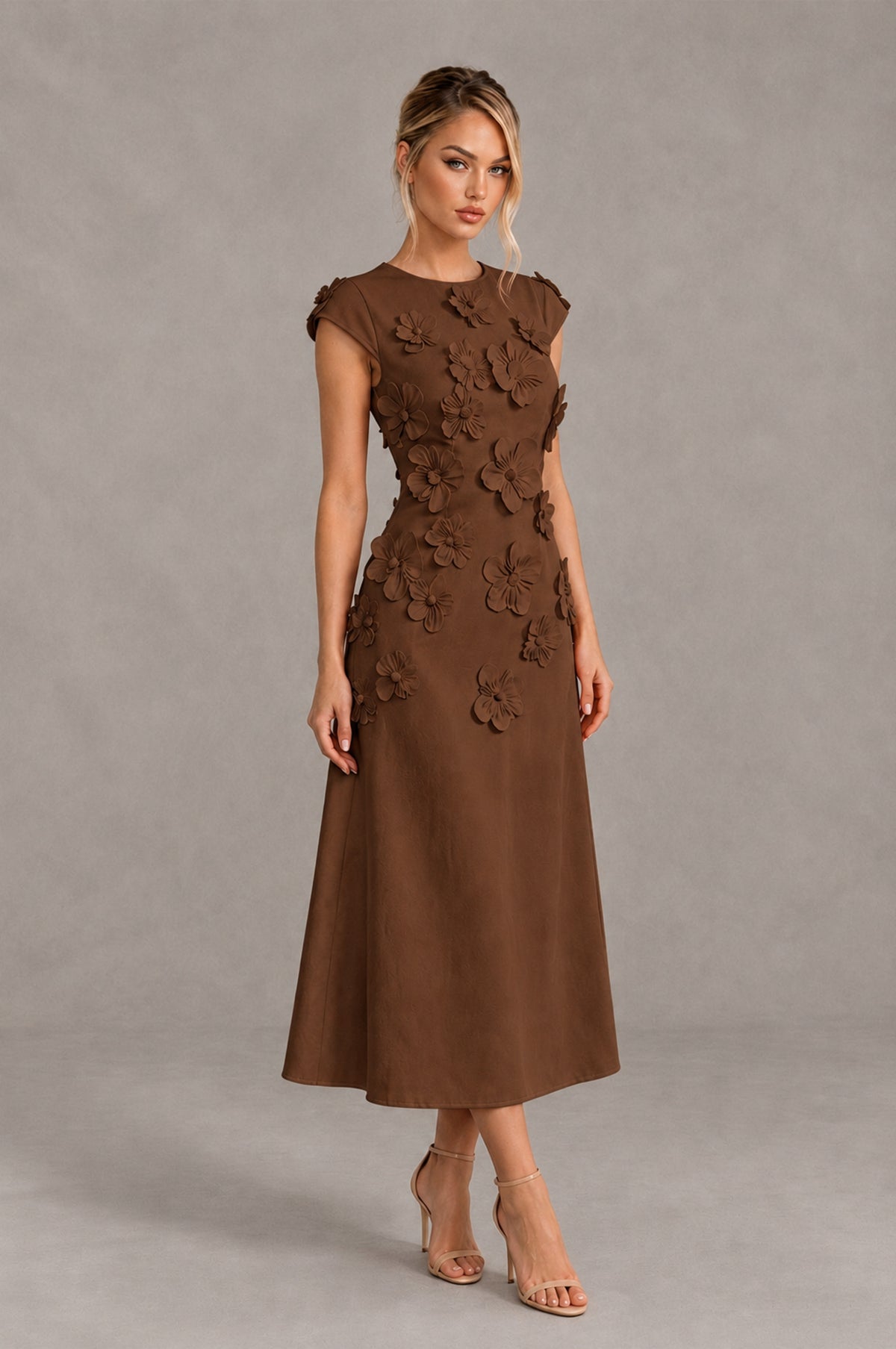 BOLODOO Brown 3D Floral Cap Sleeve Midi Cocktail Dress - Brown - Brown_4