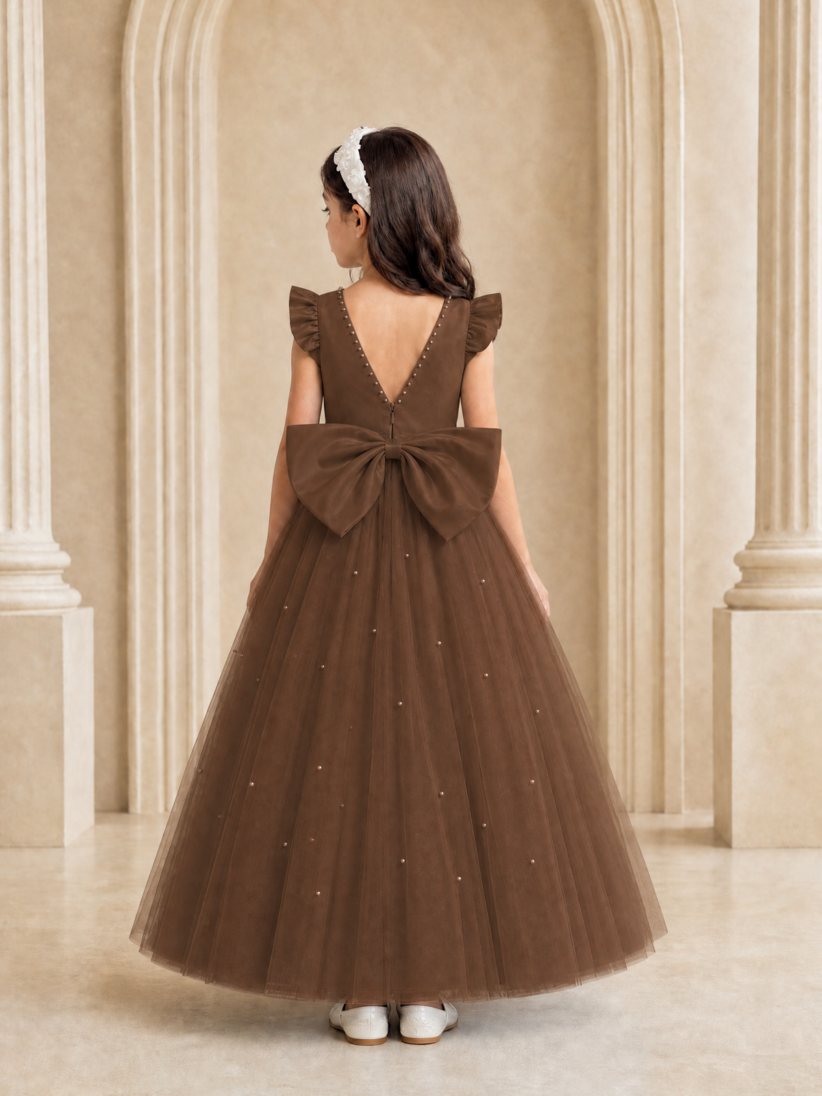 BOLODOO Brown Tulle Flower Girl Dress with Ruffle Sleeves & Bow Back - Brown - Brown_4