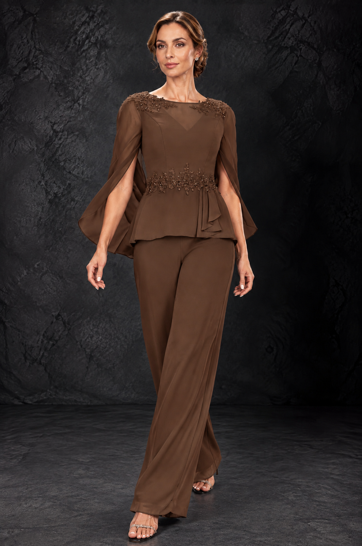 BOLODOO Brown Embellished Cape Sleeve Mother of the Bride Pantsuit - Brown - Brown_4