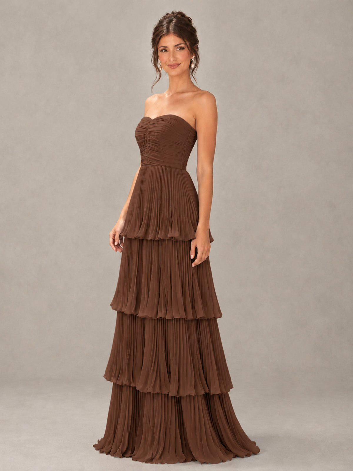 BOLODOO Brown Strapless Tiered Pleated Bridesmaid Dress - Brown - Brown_4