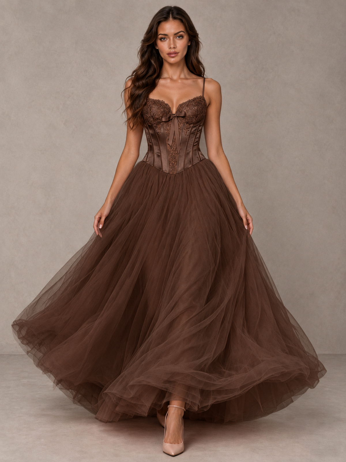 BOLODOO Brown Corset Tulle Prom Dress with Spaghetti Straps - Brown - Brown_4