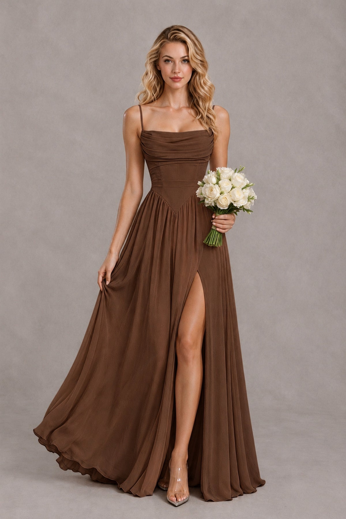 BOLODOO Brown Spaghetti Strap A-Line Bridesmaid Dress with Slit - Brown - Brown_4