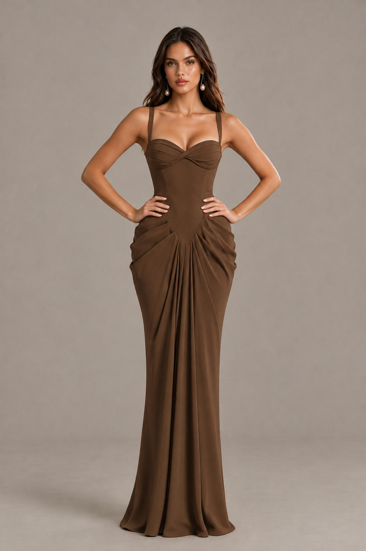 BOLODOO Brown Sweetheart Ruched Lace-Up Back Evening Gown - Brown - Brown_4