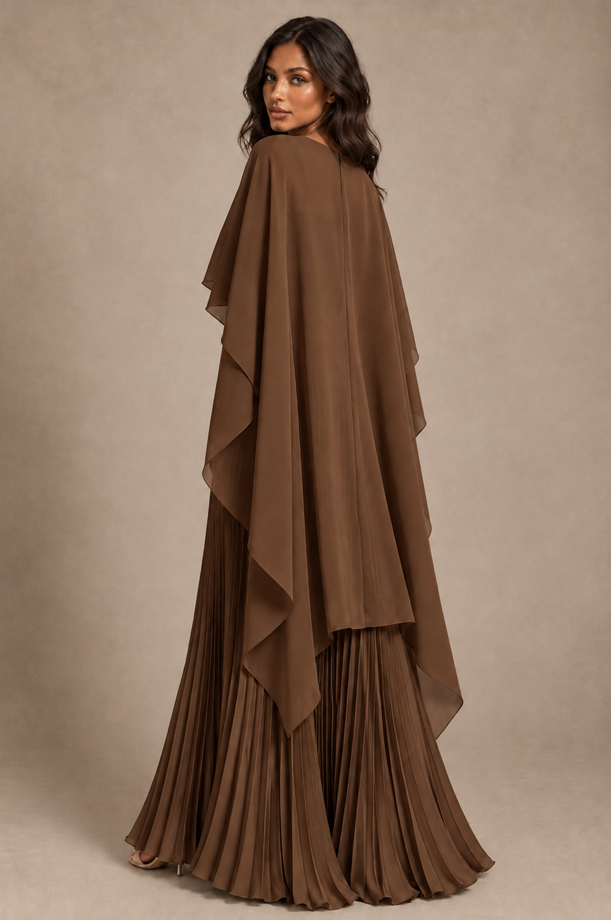 BOLODOO Brown Pleated Cape A-Line Evening Dress - Brown - Brown_4