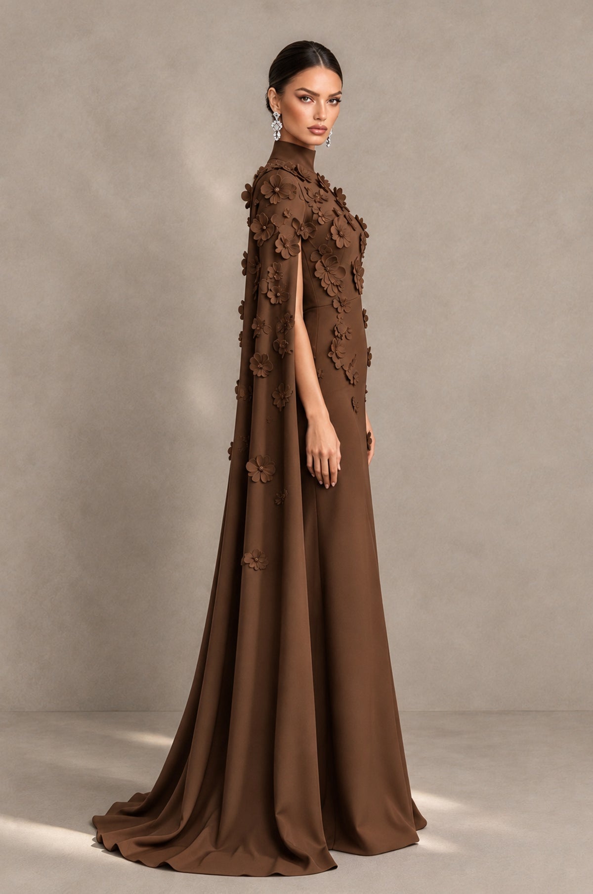 BOLODOO Brown 3D Floral Applique Cape Formal Dress - Brown - Brown_4
