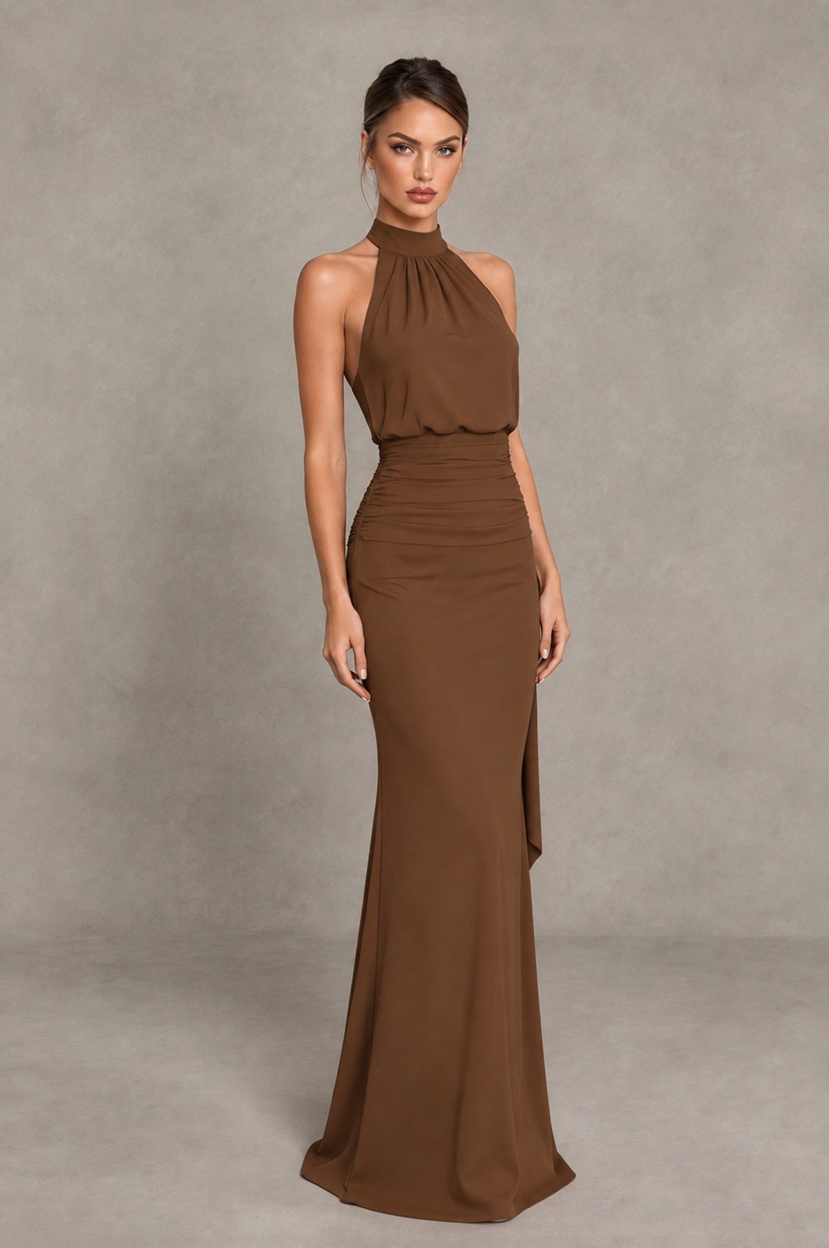 BOLODOO Brown Chiffon Halter Maxi Formal Wedding Guest Dress - Brown - Brown_4