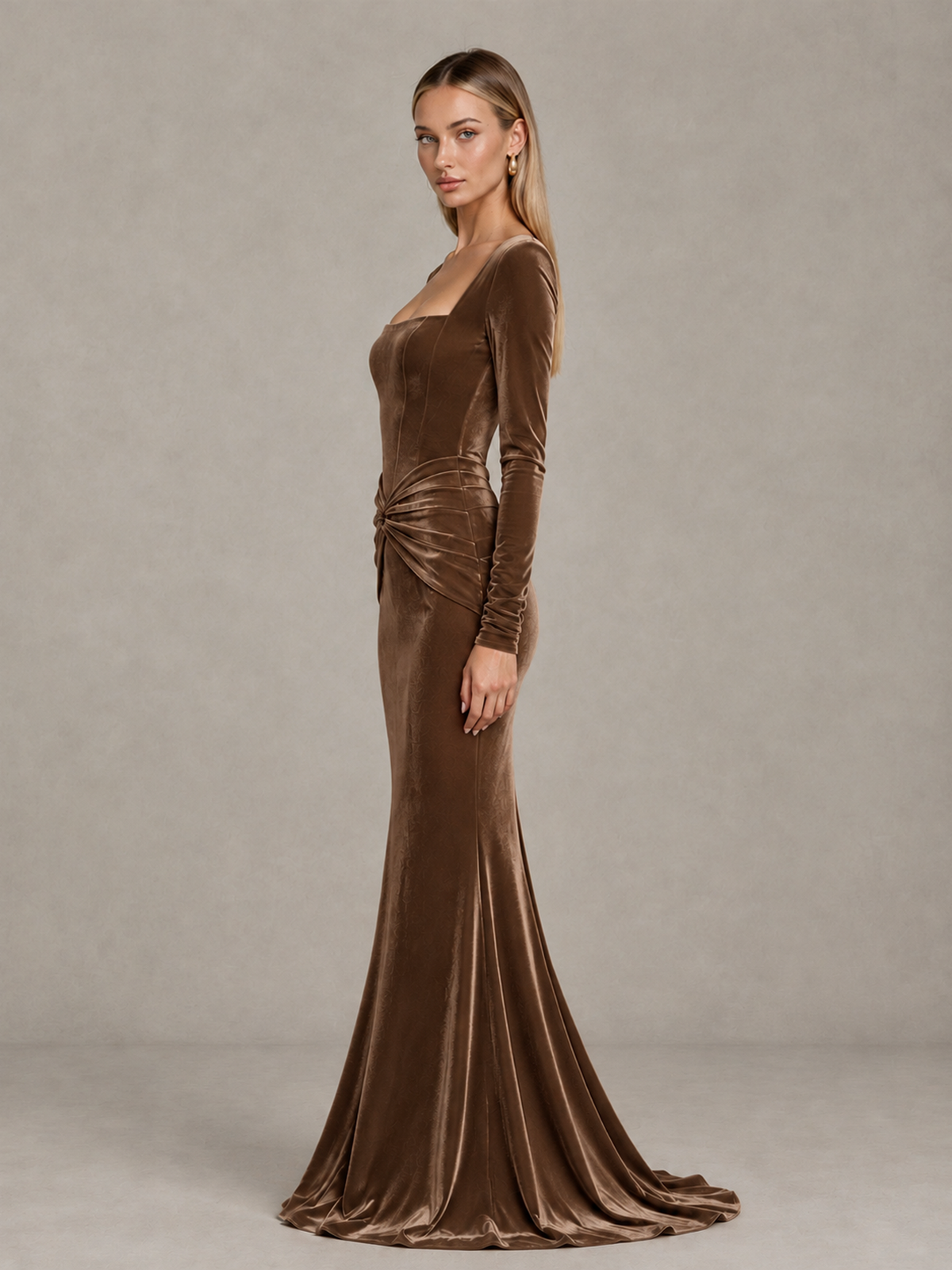BOLODOO Brown Velvet-Look Square Neck Long Sleeve Mermaid Evening Dress - Brown - Brown_4