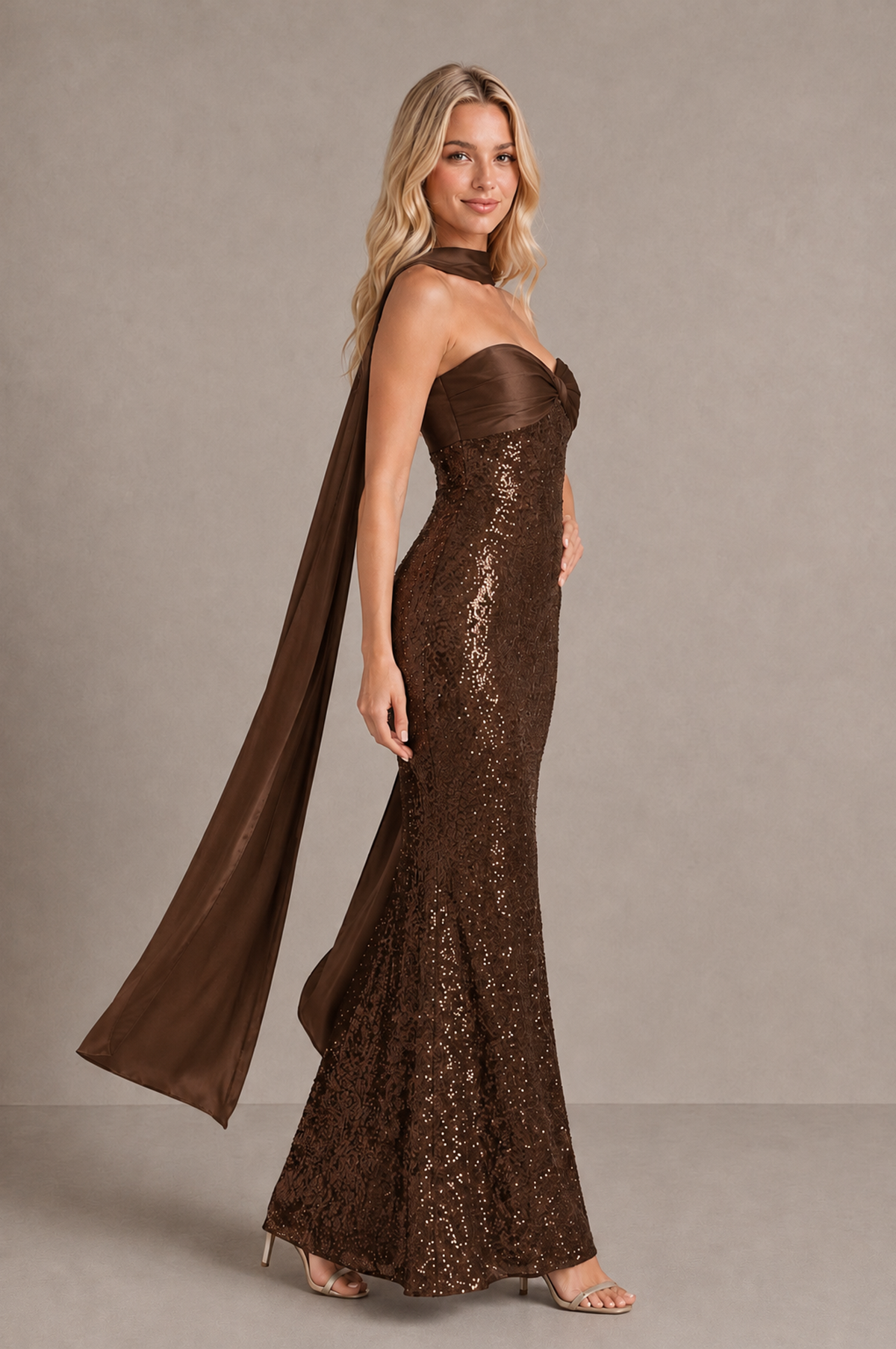 BOLODOO Brown Strapless Sweetheart Evening Dress with Scarf - Brown - Brown_4