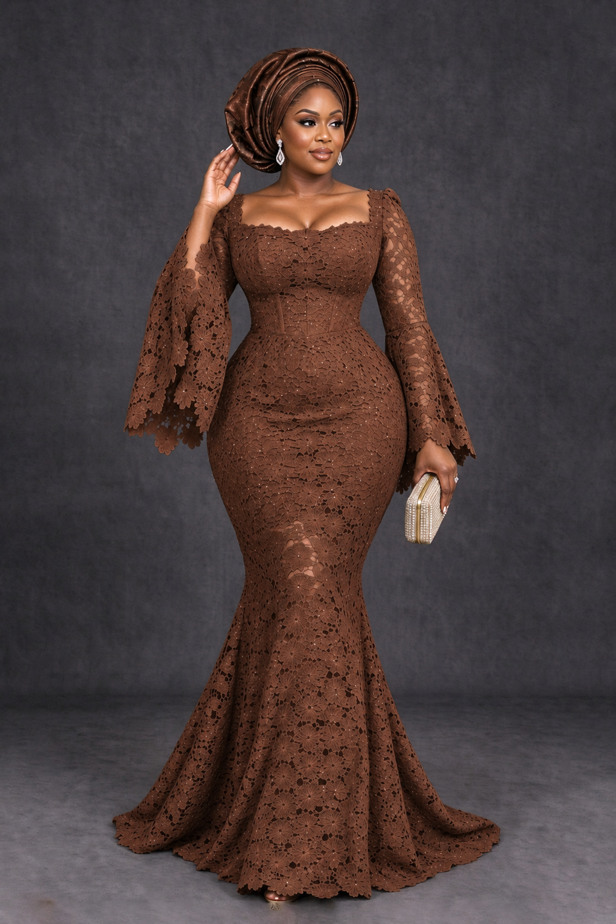 BOLODOO Brown African Lace Mermaid Dress, Plus Size Nigerian Wedding Guest Gown with Bell Sleeves - Brown - Brown_4