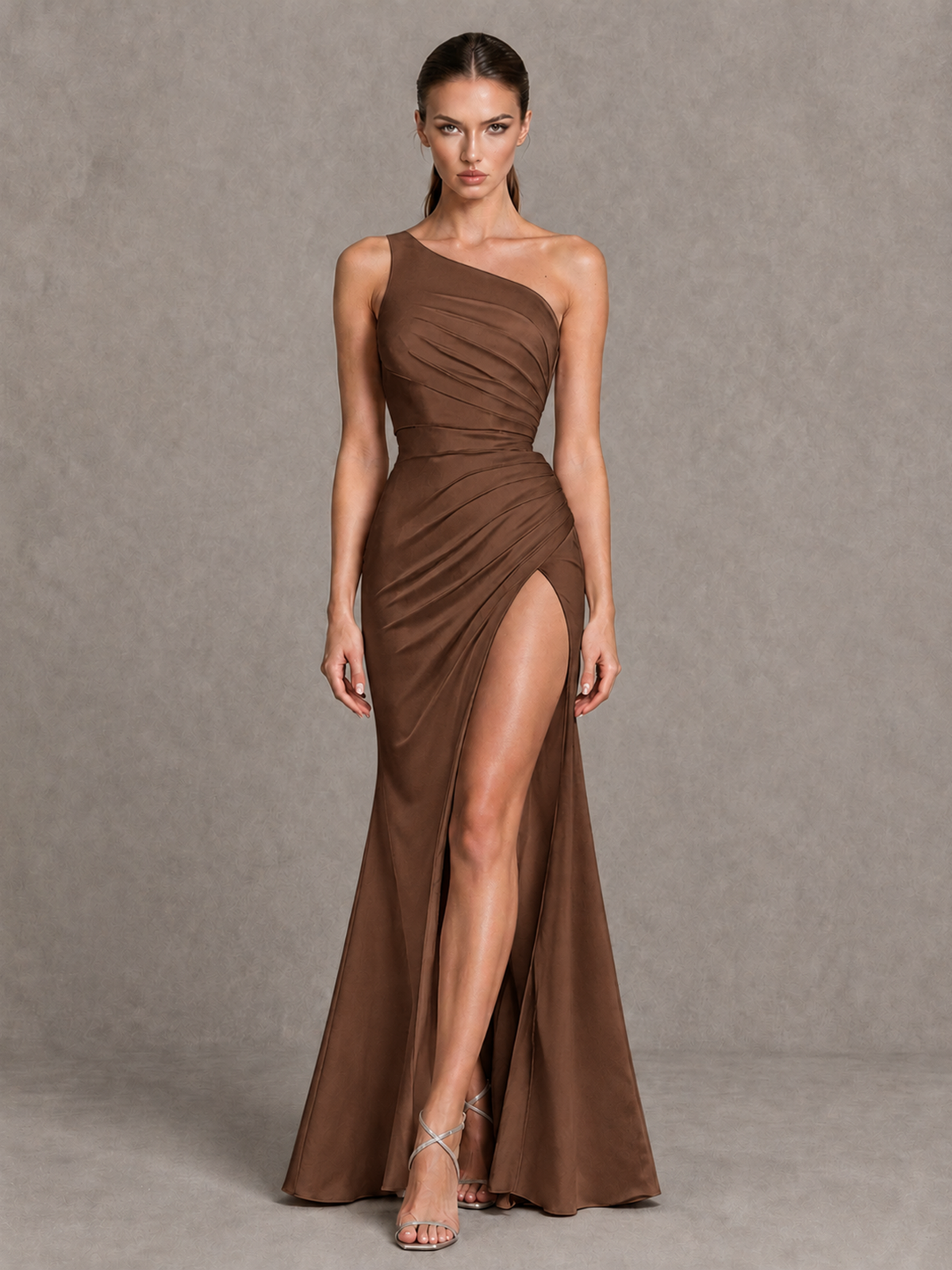 BOLODOO Brown One-Shoulder Ruched Satin-Look Evening Gown with High Slit - Brown - Brown_4