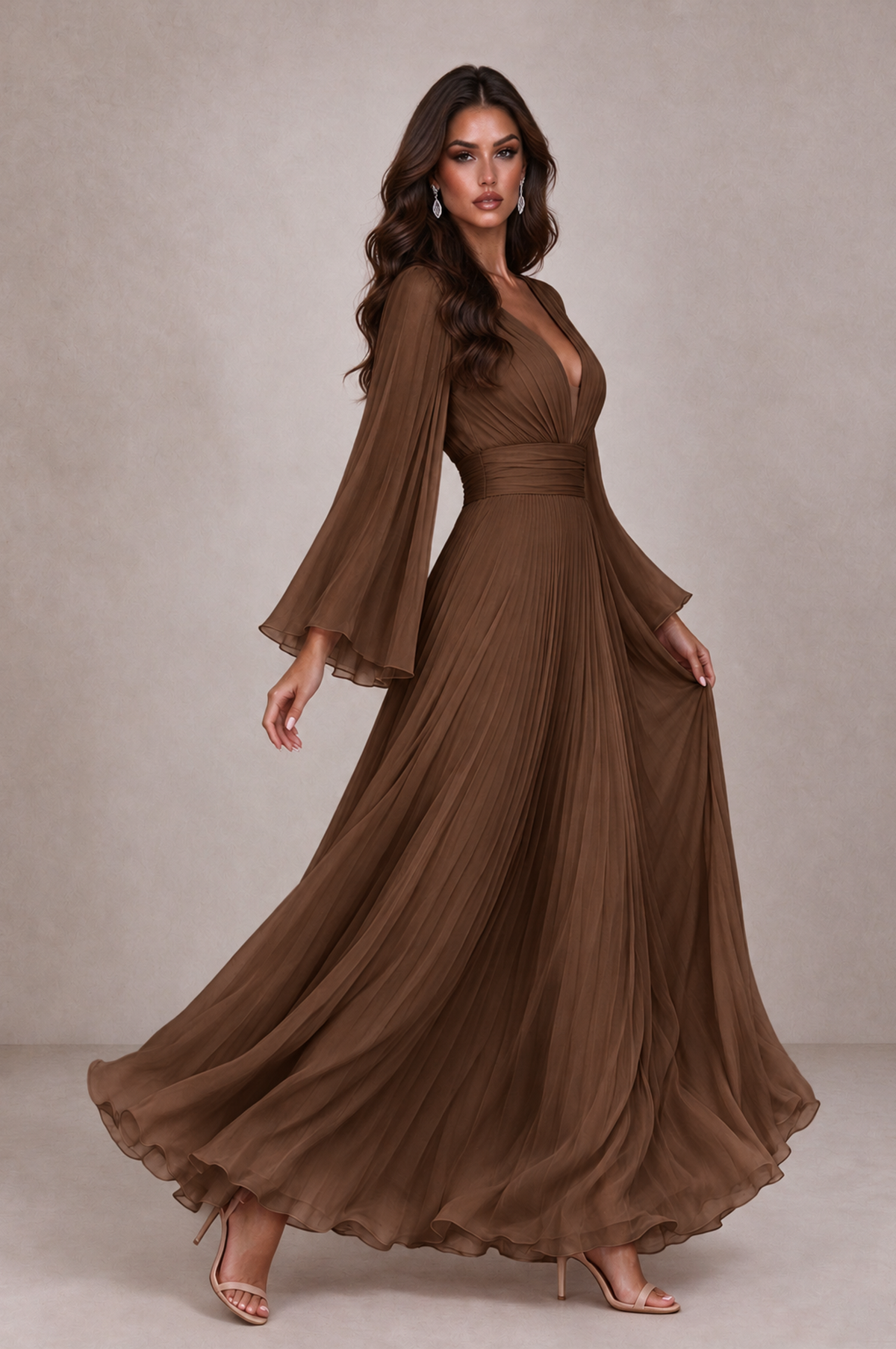 BOLODOO Brown Pleated Deep V-Neck Long Bell Sleeve Evening Dress - Brown - Brown_4