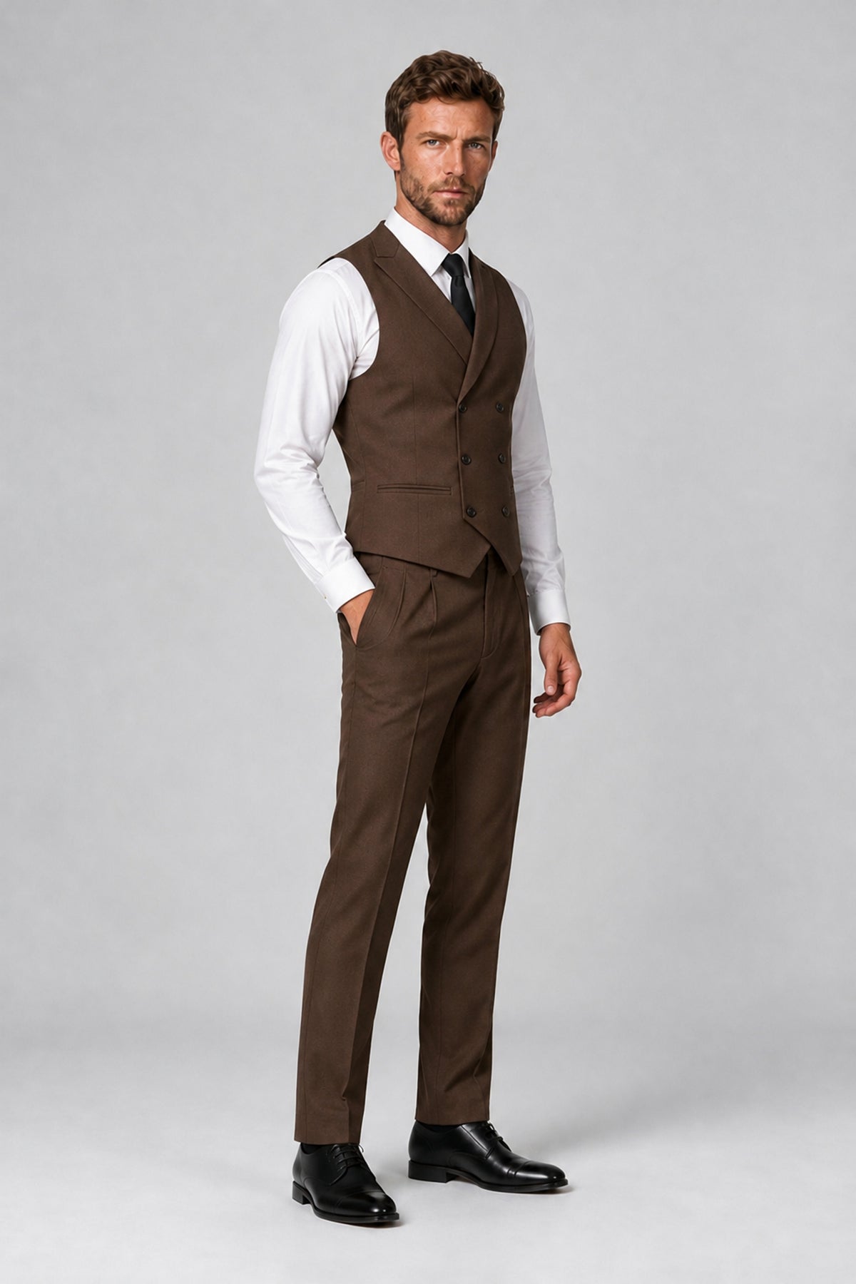 Bolodoo Men's Brown Double-Breasted Vest and Pants 2-Piece Suit - Brown - Brown_4
