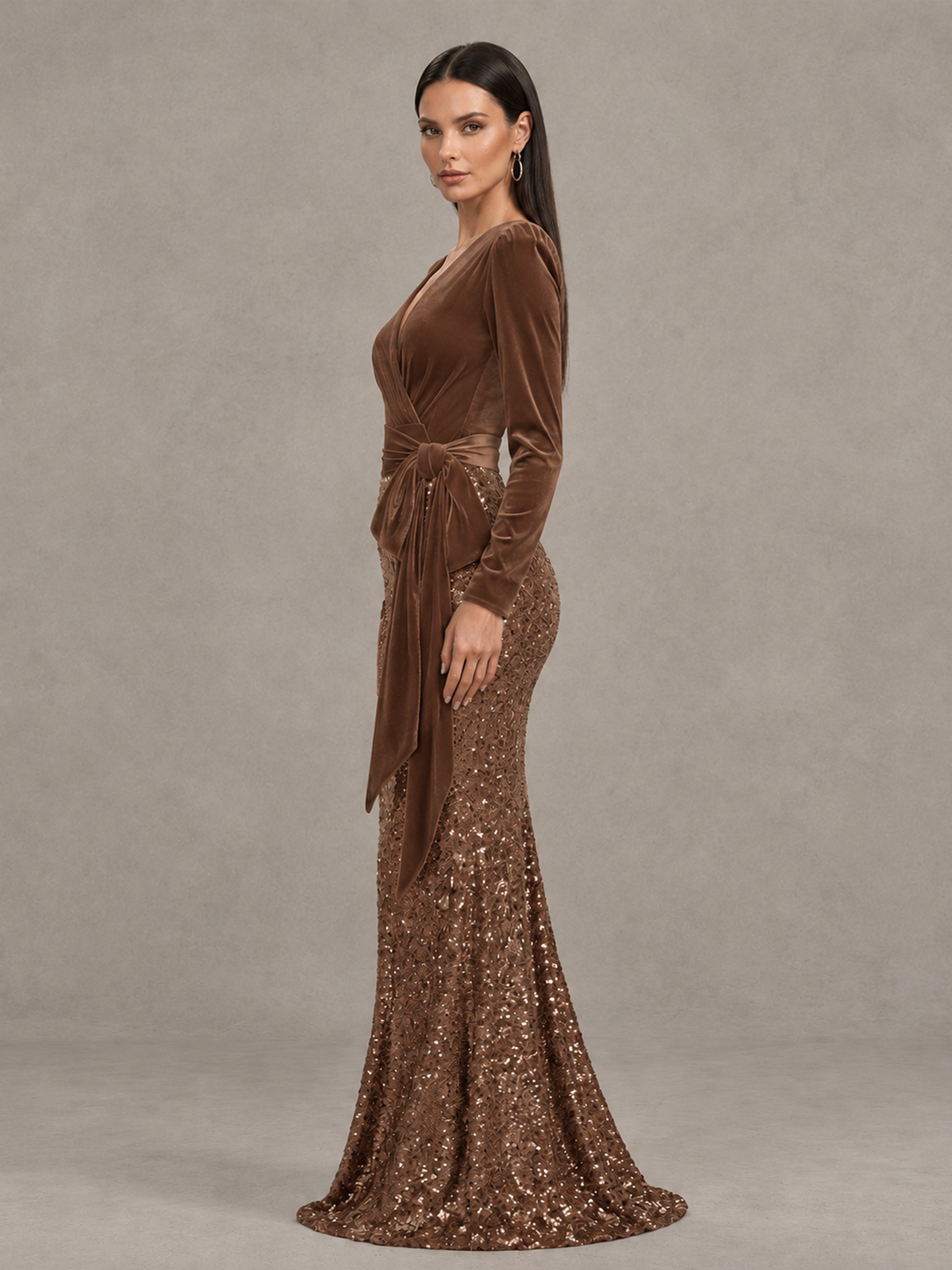 BOLODOO Brown Velvet & Sequin Long Sleeve V-Neck Mermaid Evening Gown - Brown - Brown_4