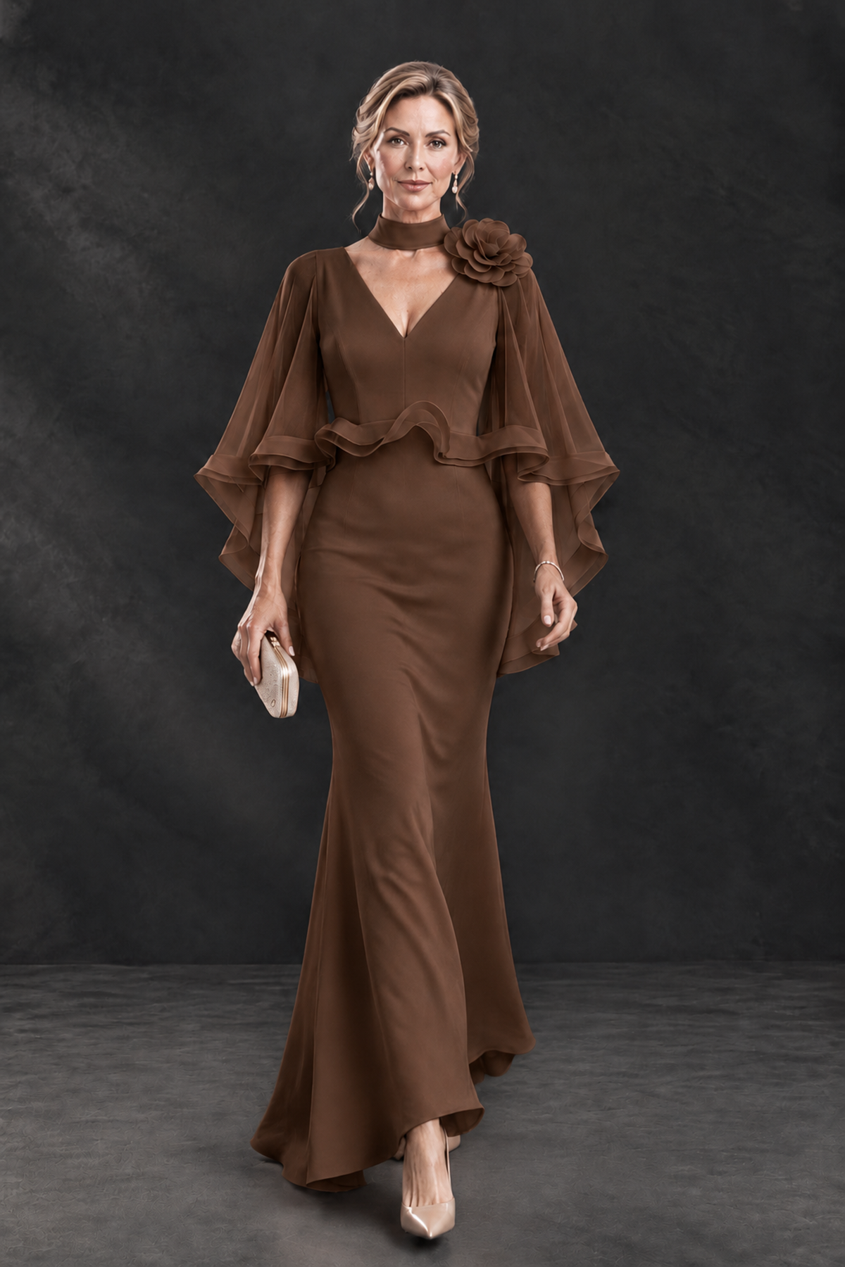 BOLODOO Brown Floral Cape Sleeve Mother of the Bride Dress - Brown - Brown_4
