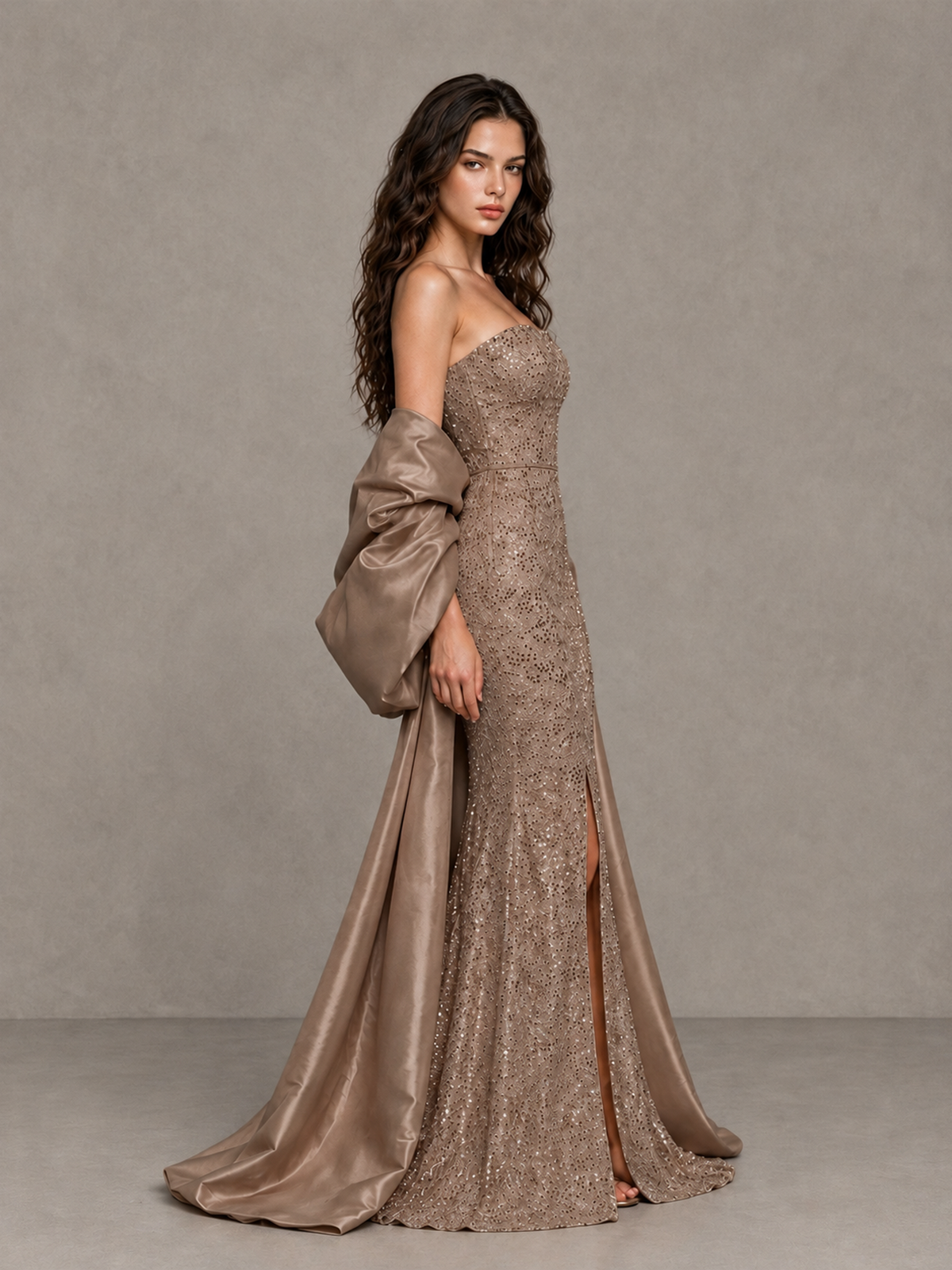 BOLODOO Brown Strapless Sparkle Mermaid Prom Dress with Front Slit and Draped Sleeves - Brown - Brown_4