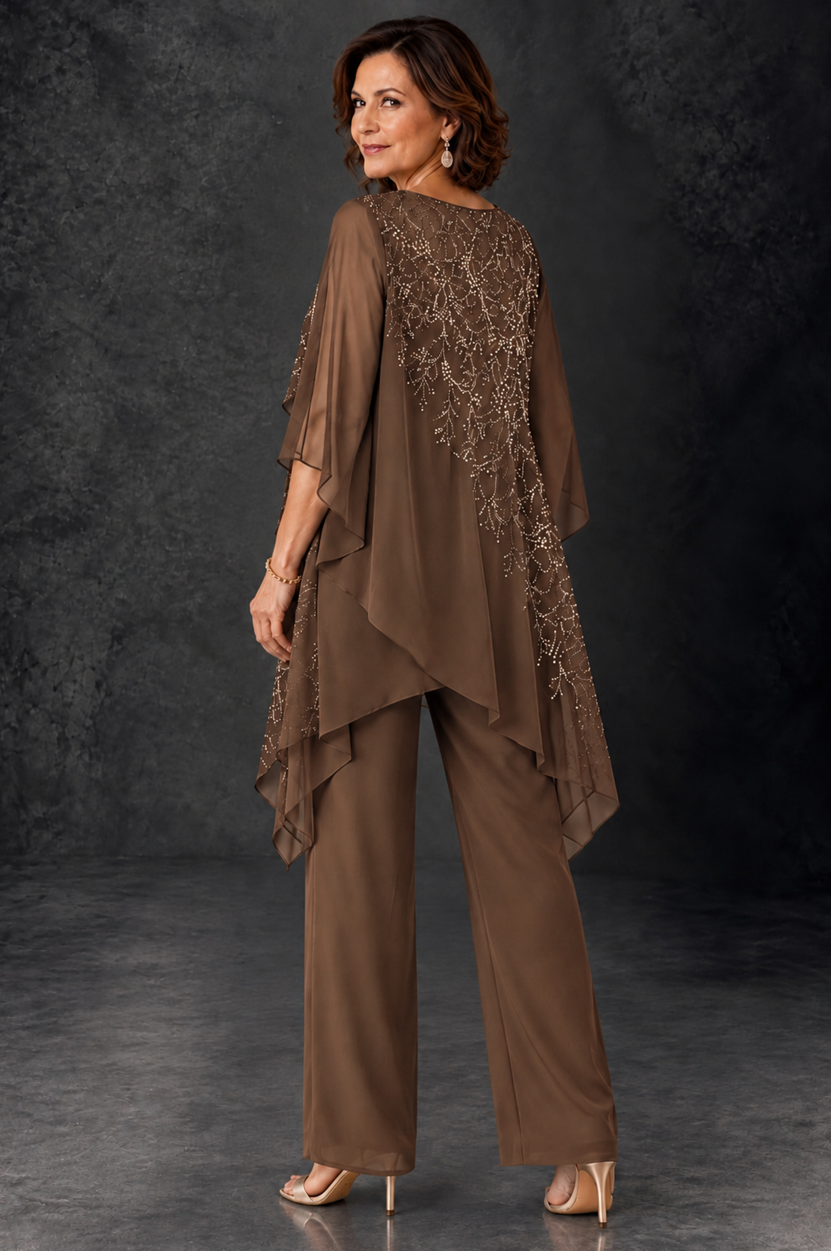 BOLODOO Brown Embellished Cape Pant Suit for Mother of the Bride - Brown - Brown_4