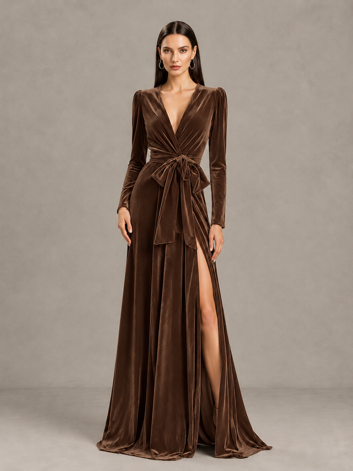 BOLODOO Brown Long Sleeve Velvet-Look Evening Dress with High Slit - Brown - Brown_4