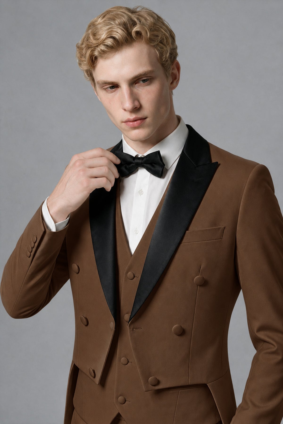 Bolodoo Men's Brown 3-Piece Tailcoat Tuxedo Suit with Vest & Trousers - Brown - Brown_4