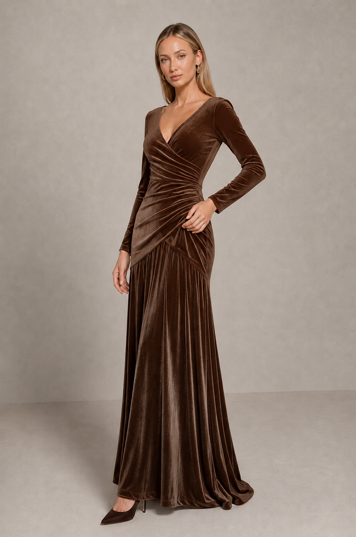 BOLODOO Brown Velvet Long Sleeve V-Neck Ruched Evening Dress - Brown - Brown_4