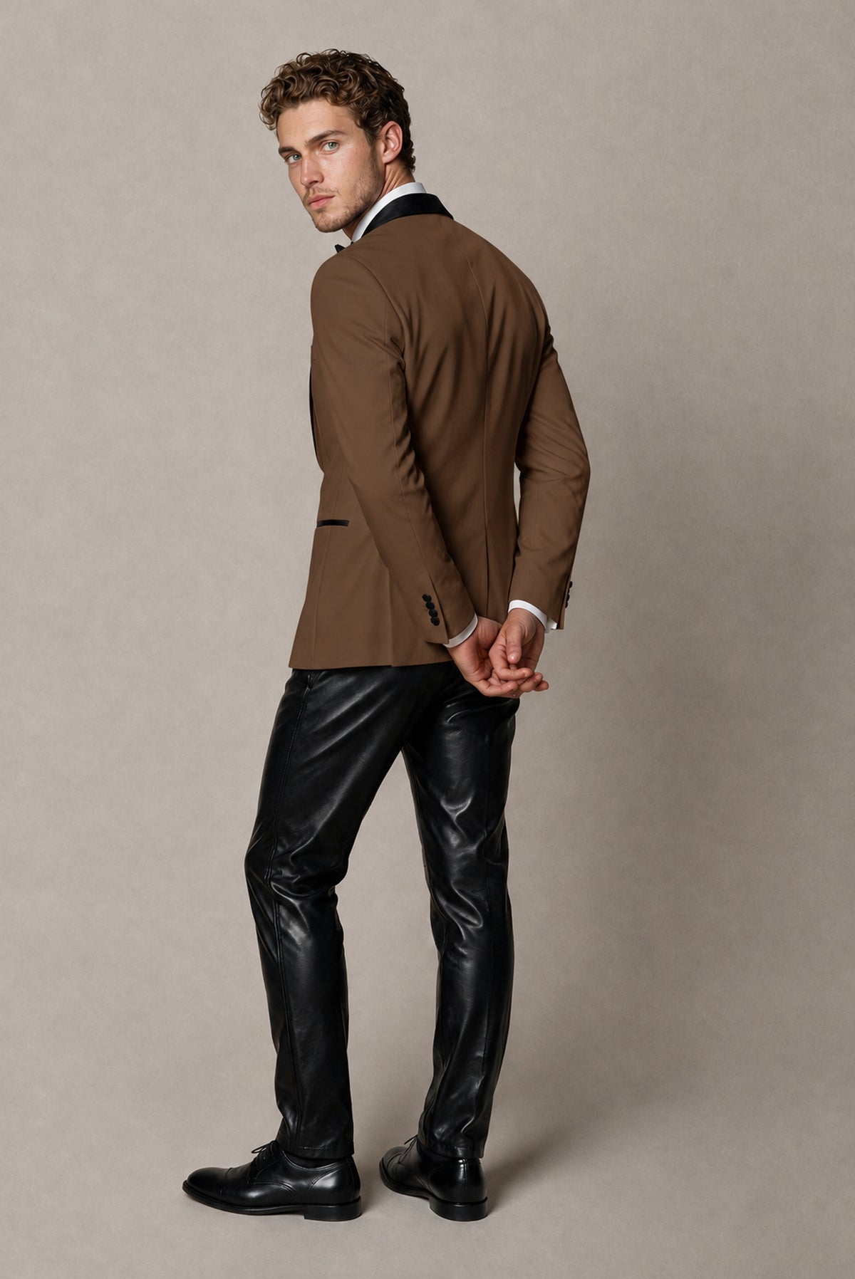 BOLODOO Men's Brown Tuxedo Blazer | Black Shawl Lapel Single-Breasted Formal Jacket - Brown