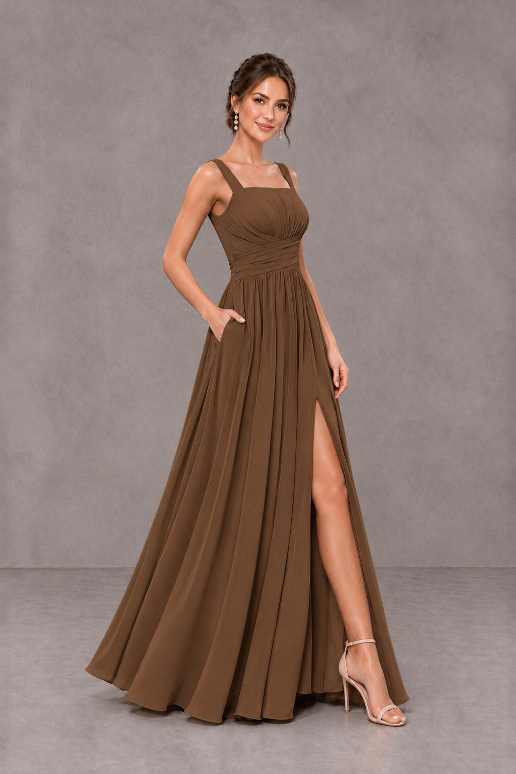 BOLODOO Brown Square Neck A-Line Bridesmaid Dress with Slit - Brown - Brown_4