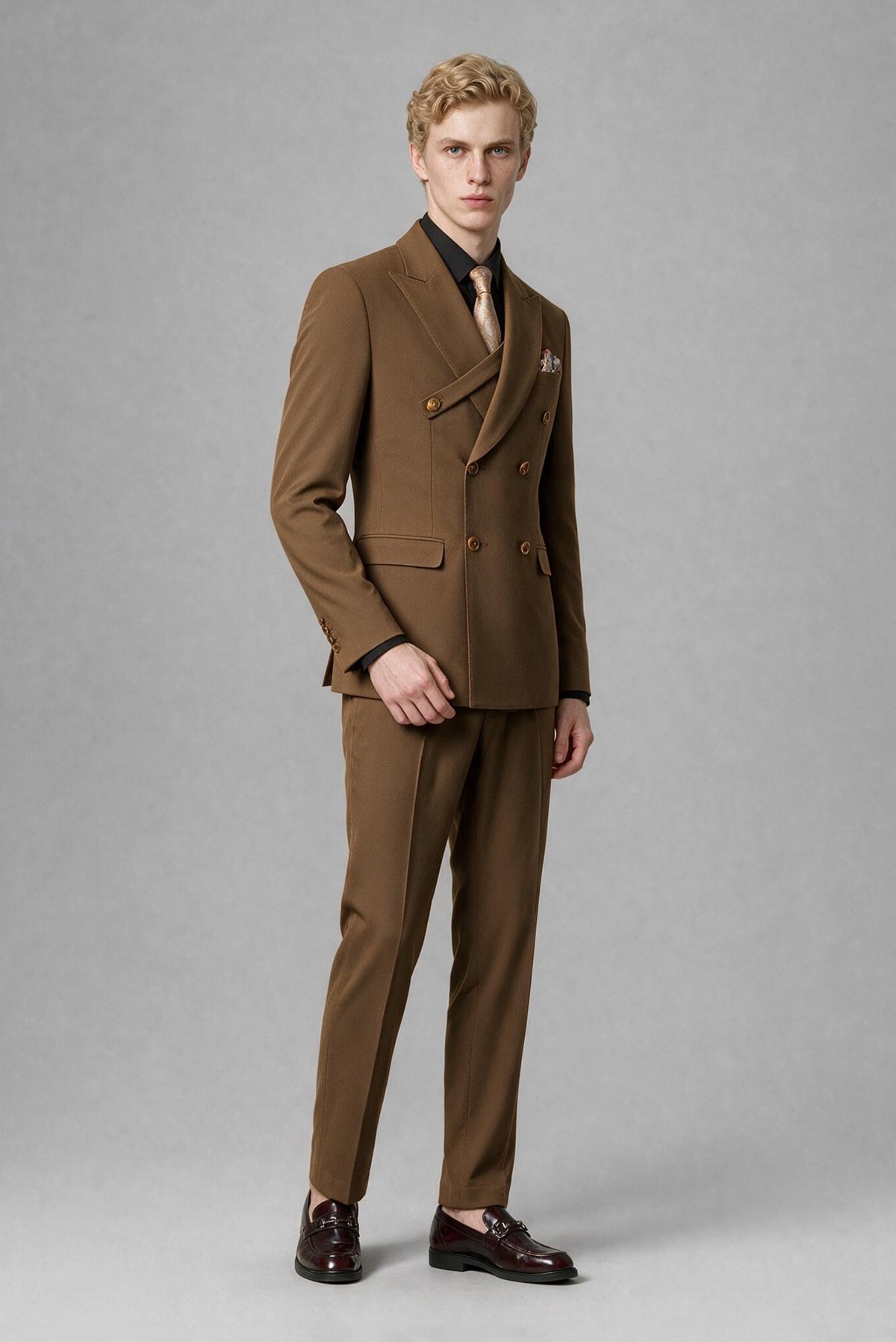 BOLODOO Men's Brown Double-Breasted Two-Piece Suit – Jacket & Trousers - Brown