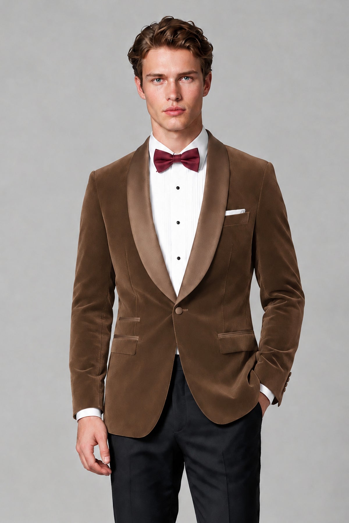BOLODOO Men's Brown Velvet Blazer | Shawl Lapel Tuxedo Jacket - Brown - Brown_5