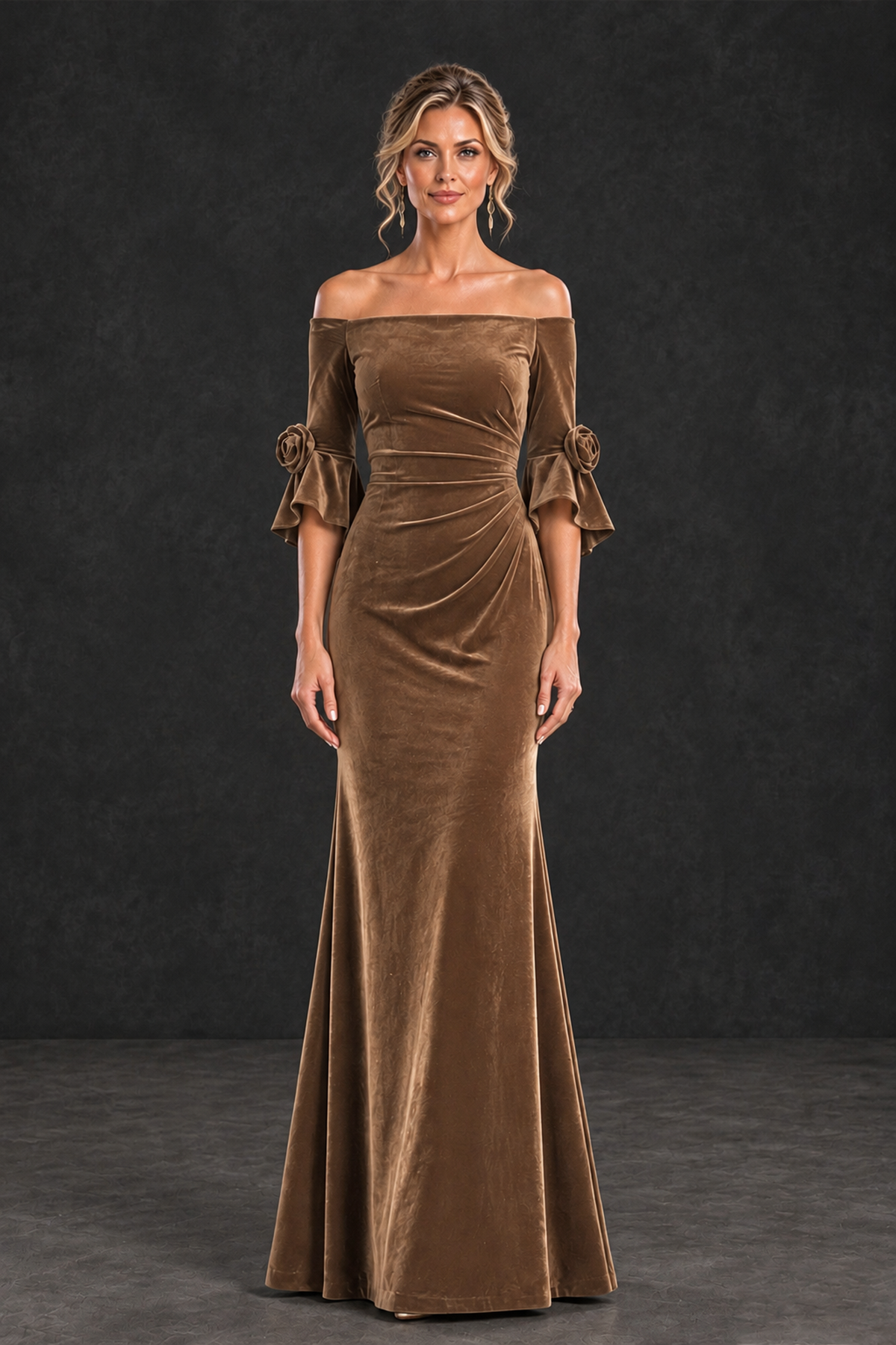 BOLODOO Brown Velvet Off-Shoulder Mother of the Bride Dress – 3/4 Floral Cuff Sleeve Mermaid Evening Gown - Brown - Brown_5