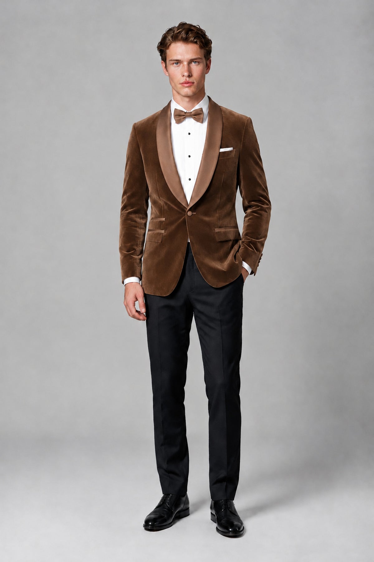 BOLODOO Men's Brown Velvet Blazer | Shawl Lapel Tuxedo Jacket - Brown - Brown_6