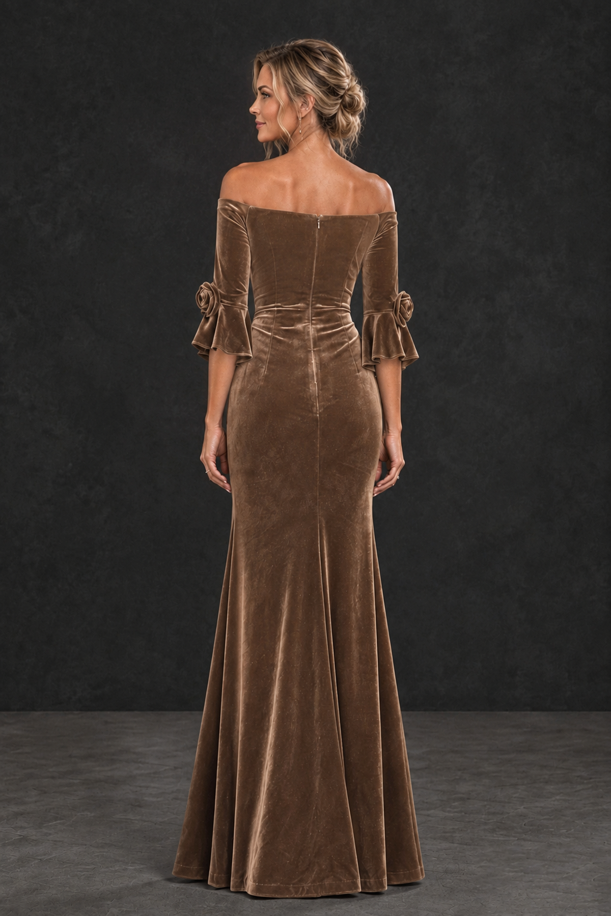 BOLODOO Brown Velvet Off-Shoulder Mother of the Bride Dress – 3/4 Floral Cuff Sleeve Mermaid Evening Gown - Brown - Brown_6