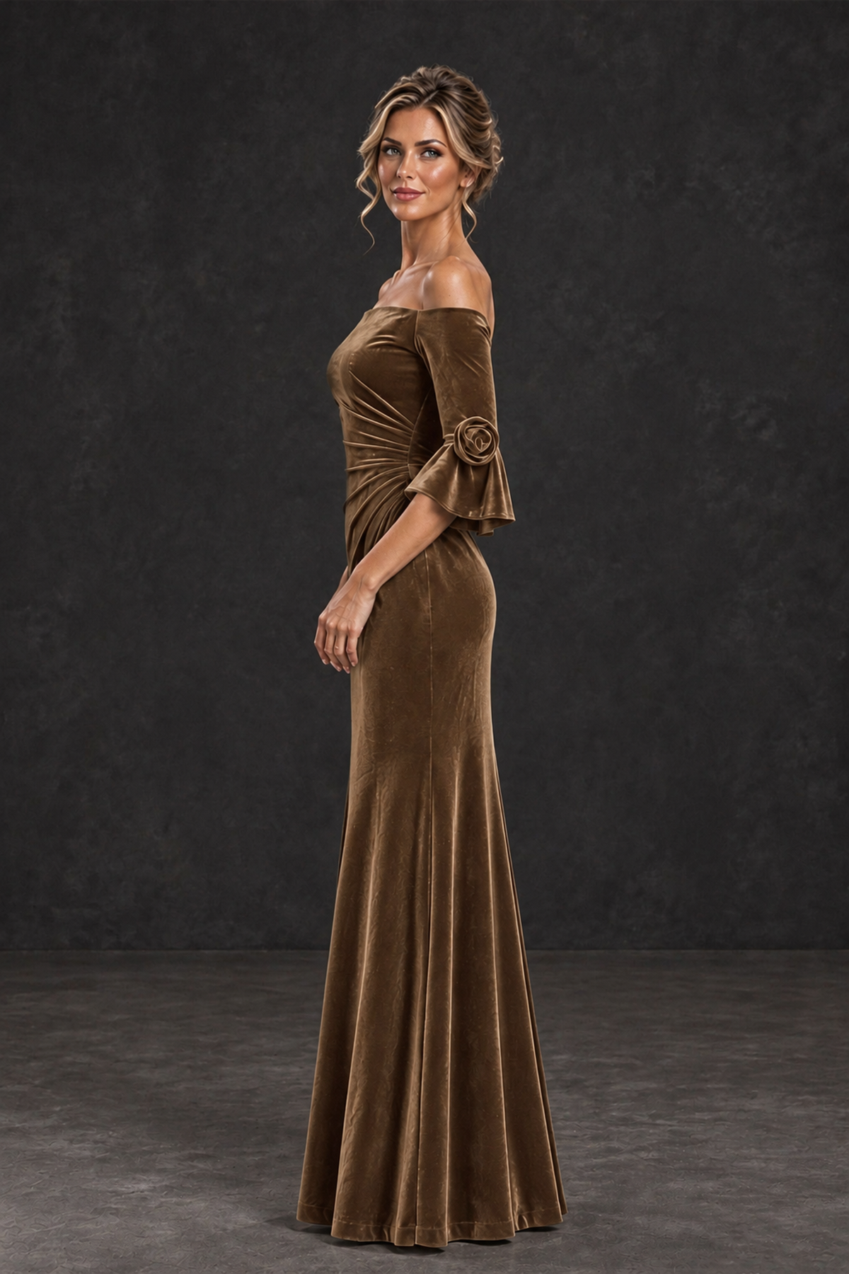 BOLODOO Brown Velvet Off-Shoulder Mother of the Bride Dress – 3/4 Floral Cuff Sleeve Mermaid Evening Gown - Brown - Brown_7