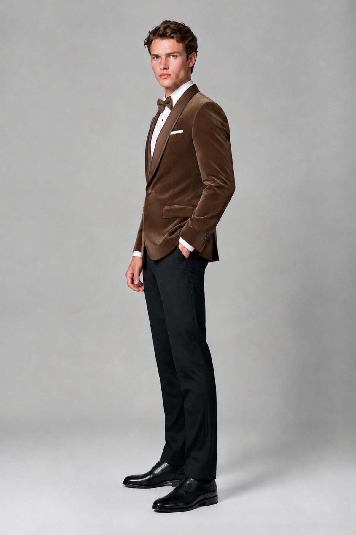 BOLODOO Men's Brown Velvet Blazer | Shawl Lapel Tuxedo Jacket - Brown - Brown_8