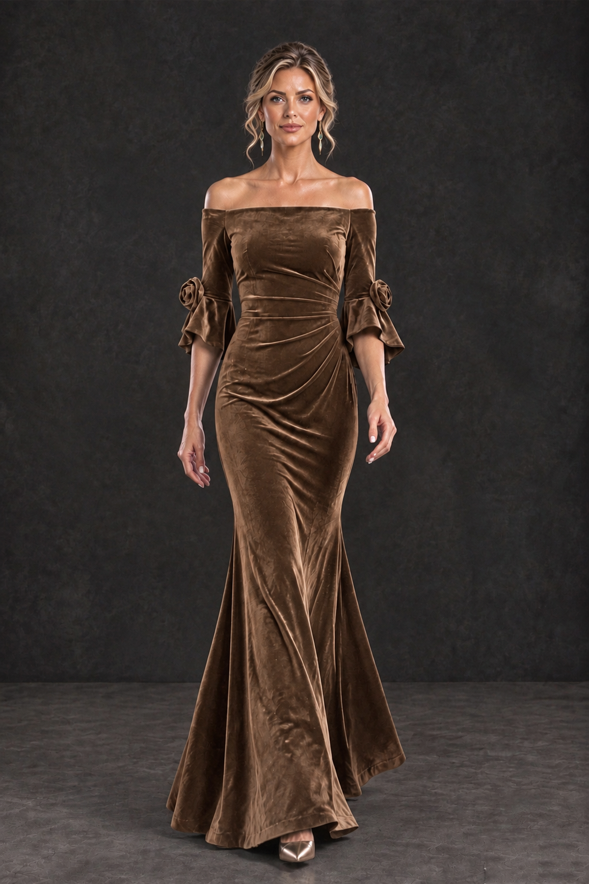 BOLODOO Brown Velvet Off-Shoulder Mother of the Bride Dress – 3/4 Floral Cuff Sleeve Mermaid Evening Gown - Brown - Brown_8