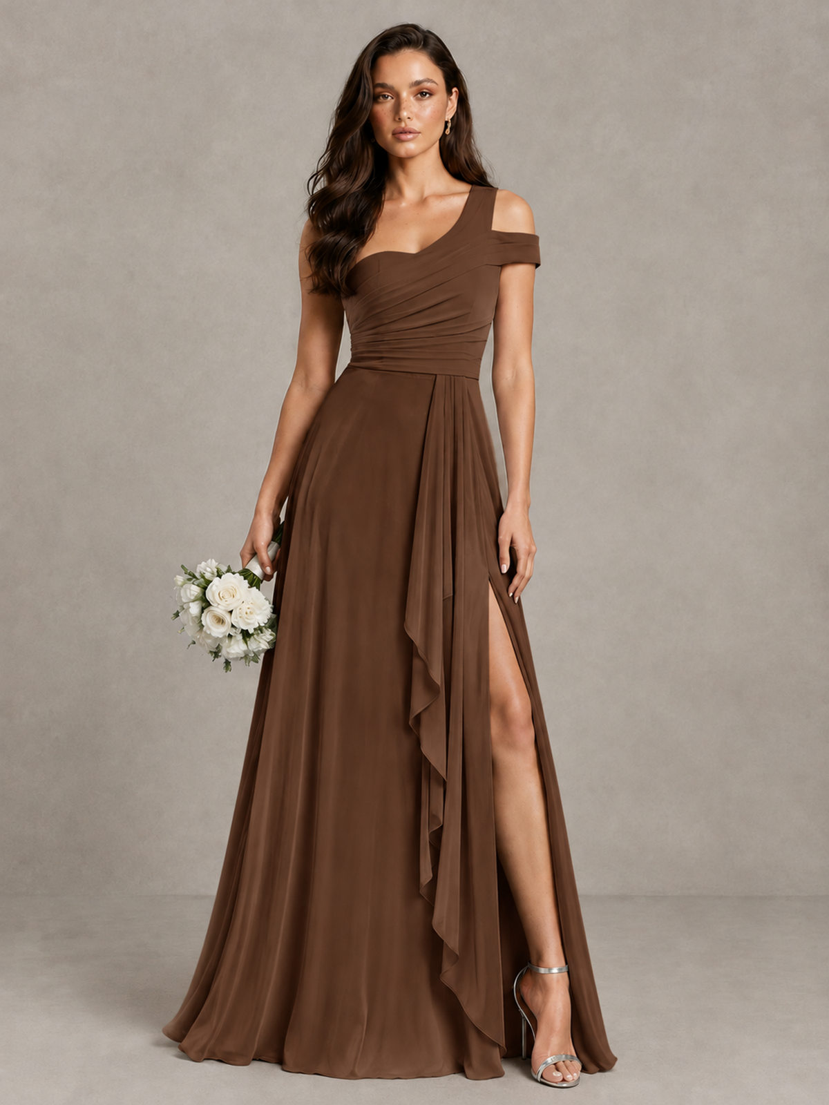 BOLODOO Brown One-Shoulder Bridesmaid Dress with Side Slit - Brown - Brown (1)