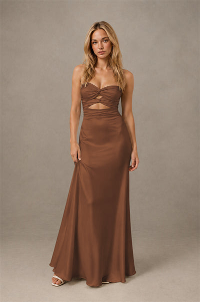BOLODOO Brown Sweetheart Strapless Twist Knot Cutout Lace-Up Back Satin Mermaid Maxi Dress - Brown - Brown (1)
