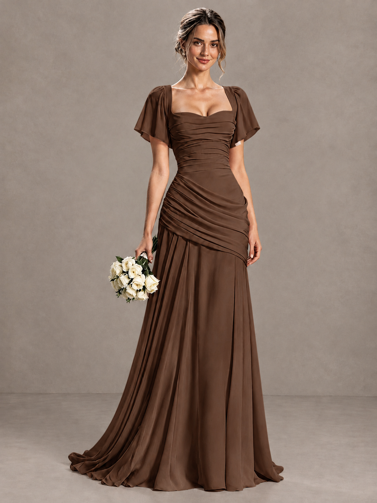BOLODOO Brown Flutter Sleeve Lace-Up Back Maxi Dress - Brown - Brown (1)