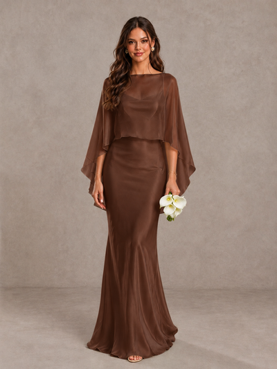 BOLODOO Brown Satin Mermaid Bridesmaid Dress with Chiffon Cape - Brown - Brown (1)