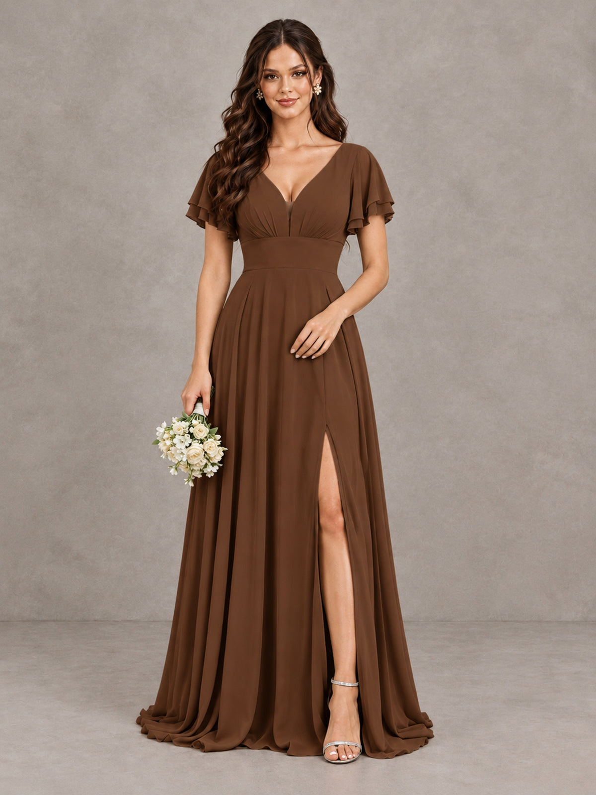 BOLODOO Brown Flutter Sleeve Chiffon A-Line Maxi Bridesmaid Dress with Open Back & Slit - Brown - Brown (1)