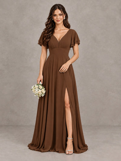 BOLODOO Brown Flutter Sleeve Chiffon A-Line Maxi Bridesmaid Dress with Open Back & Slit - Brown - Brown (1)