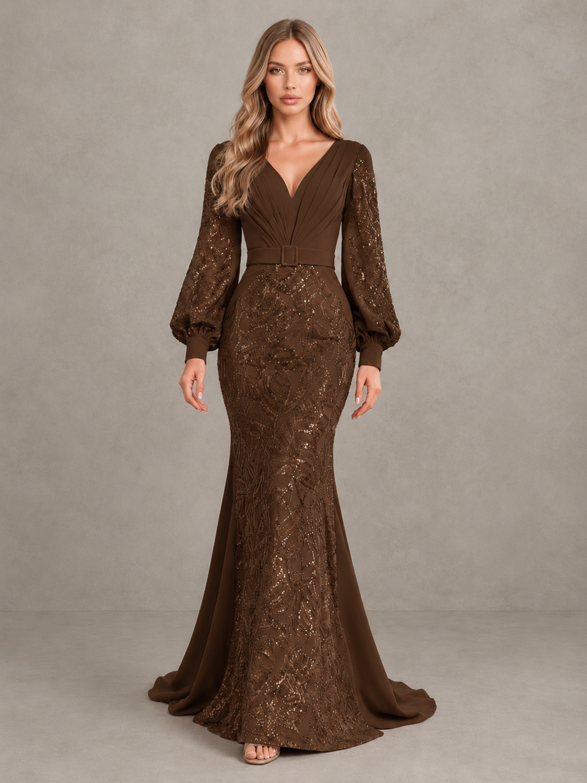 BOLODOO Brown Sequin Long Bishop Sleeve Mermaid Evening Dress - Brown - Brown (1)