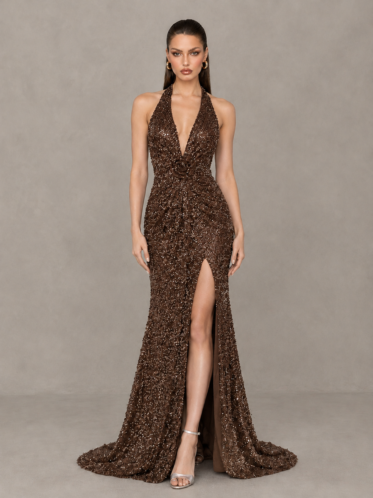 BOLODOO Brown Sequin Halter Open Back Evening Gown with High Slit - Brown - Brown (1)
