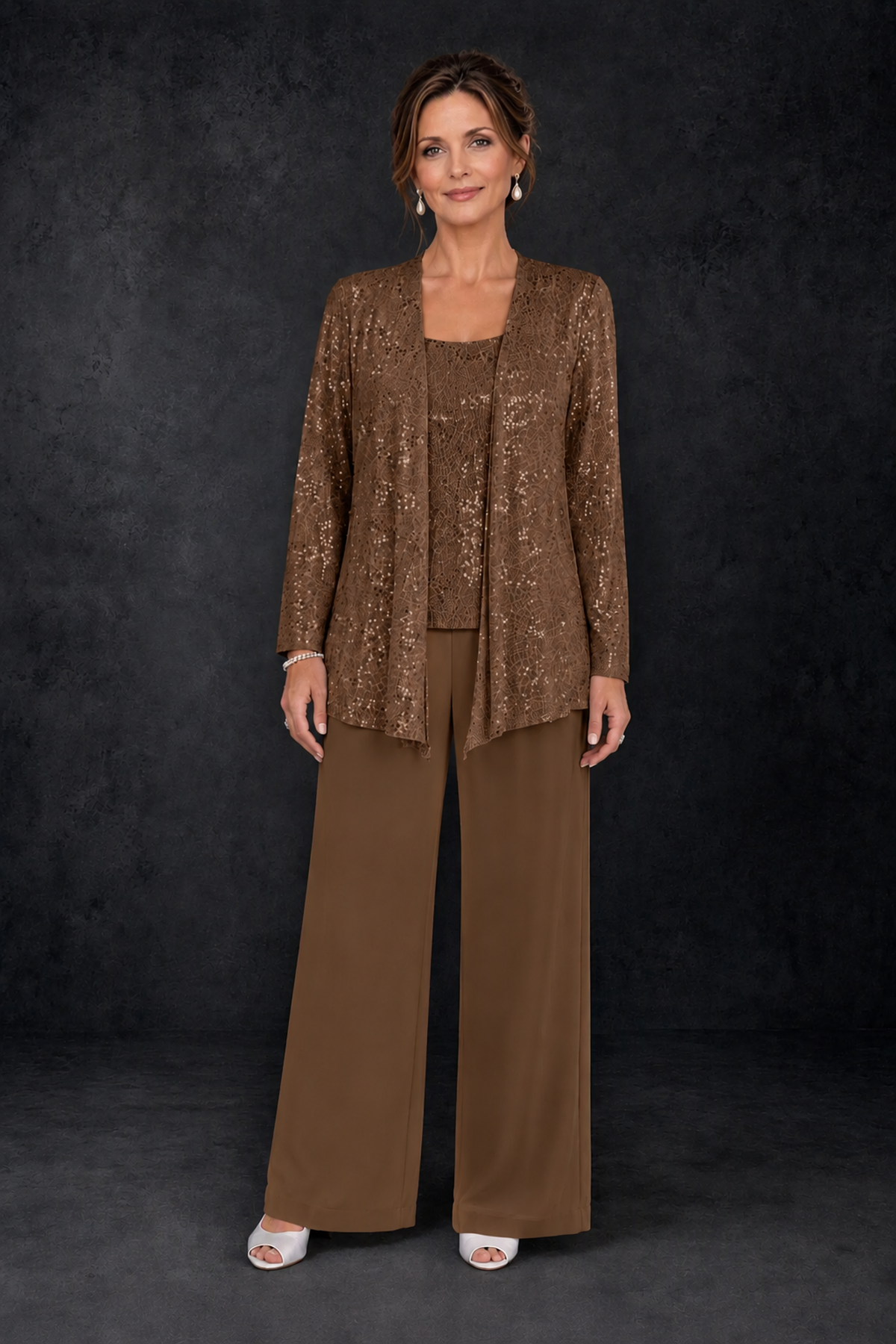 BOLODOO Brown Sequin Lace 3-Piece Pant Suit with Long Sleeve Jacket - Brown - Brown (1)