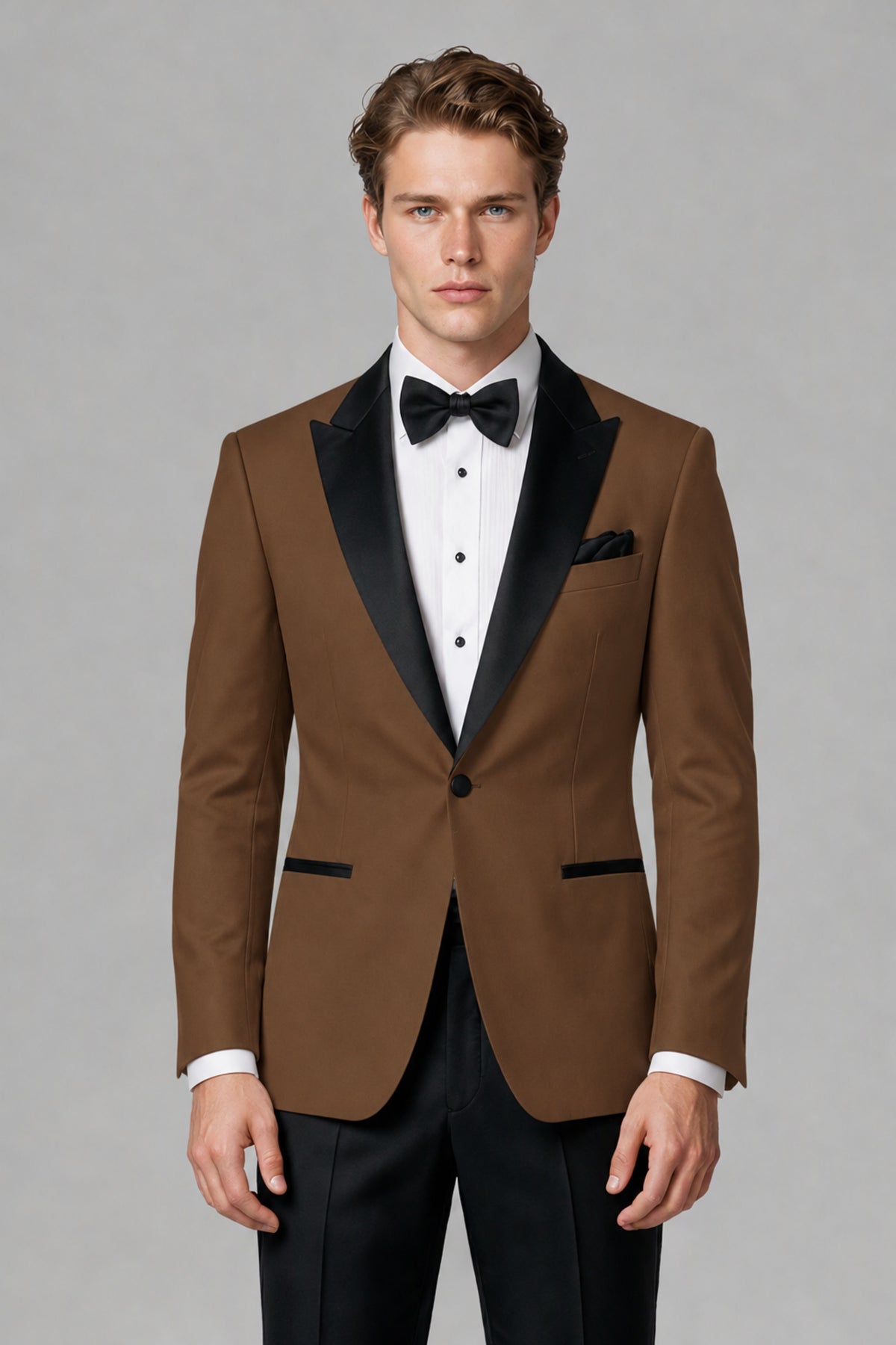 BOLODOO Men's Brown Single-Button Tuxedo Blazer & Black Trousers 2-Piece Suit Set - Brown - Brown (1)
