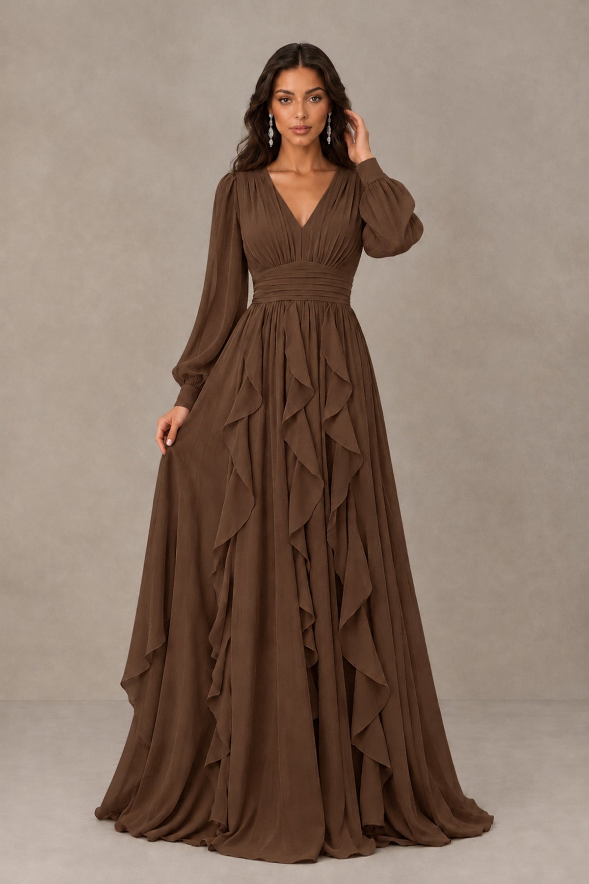 BOLODOO Brown Long Sleeve V-Neck Ruffle Maxi Dress - Brown - Brown (1)