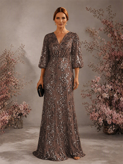 BOLODOO Brown V-Neck Lantern Sleeve All-Over Sequin Floral Embroidered Mermaid Gown - Brown