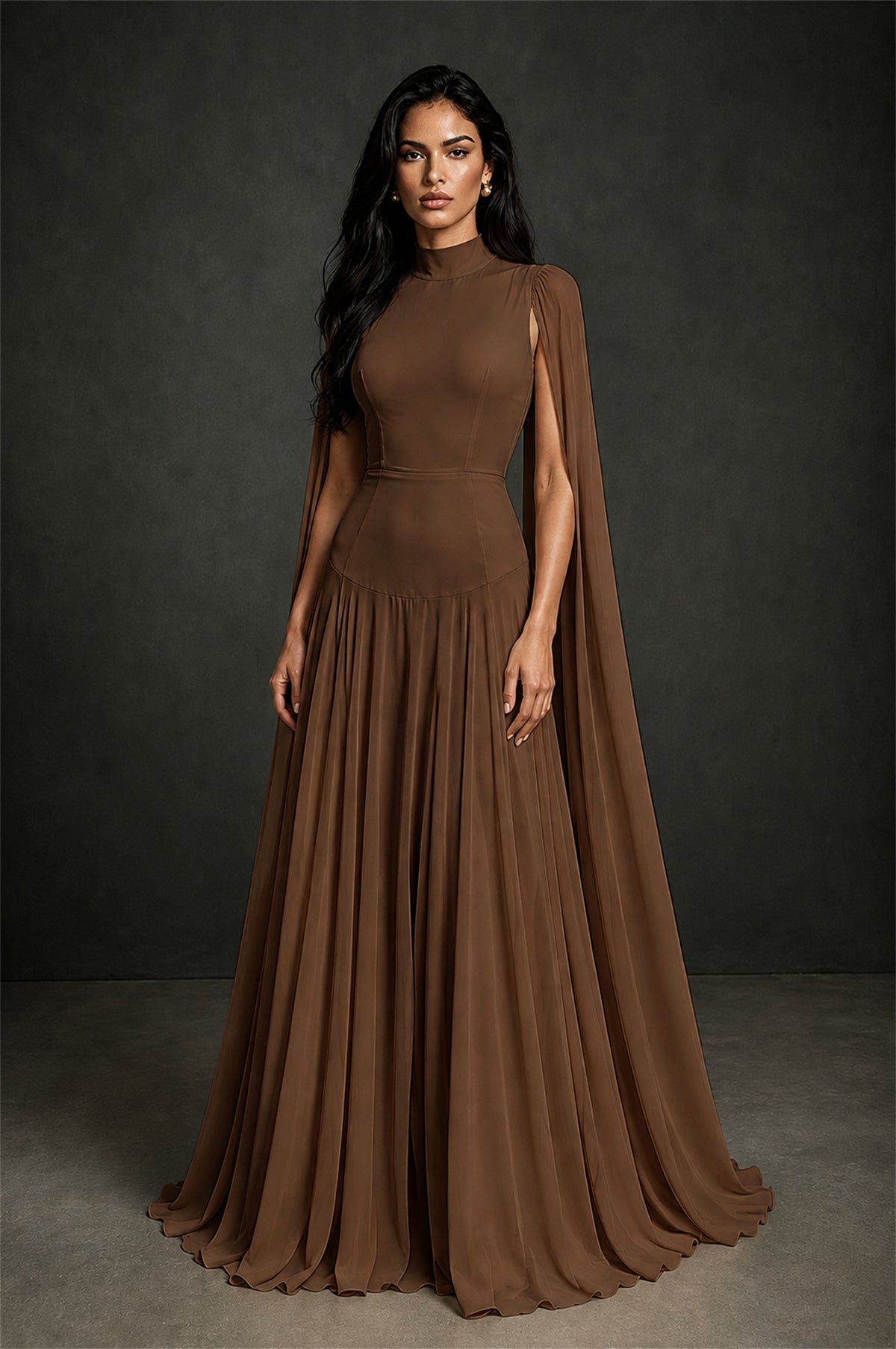 BOLODOO Brown Mock Neck Cape Sleeve A-Line Chiffon Maxi Dress - Brown - Brown (1)