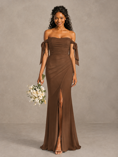 Brown Off-Shoulder Bow Bridesmaid Dress with Slit - Brown - Brown (1)