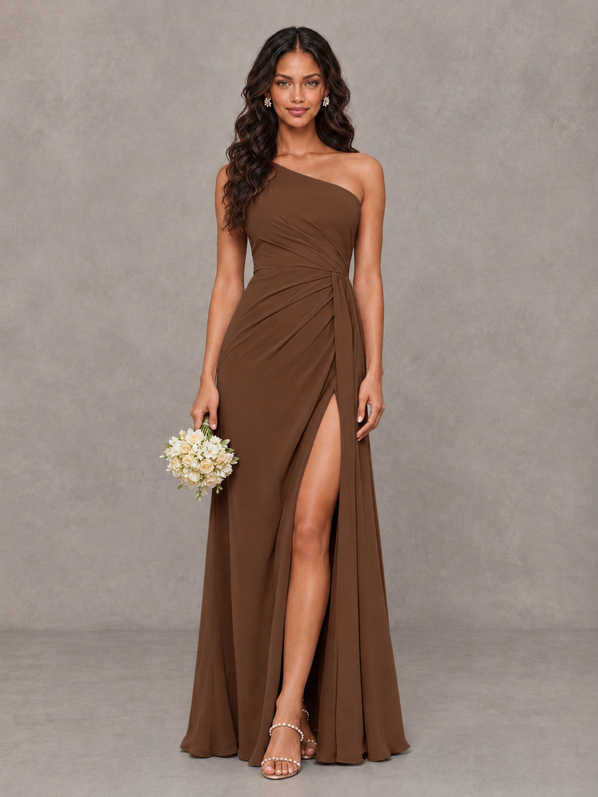 BOLODOO Brown One-Shoulder Chiffon Bridesmaid Dress with Ruched Bodice & High Slit - Brown - Brown (1)