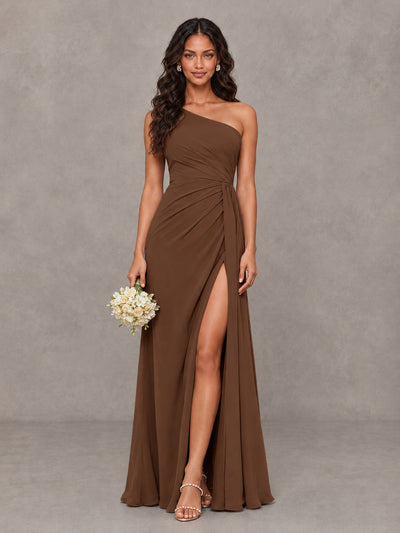 BOLODOO Brown One-Shoulder Chiffon Bridesmaid Dress with Ruched Bodice & High Slit - Brown - Brown (1)